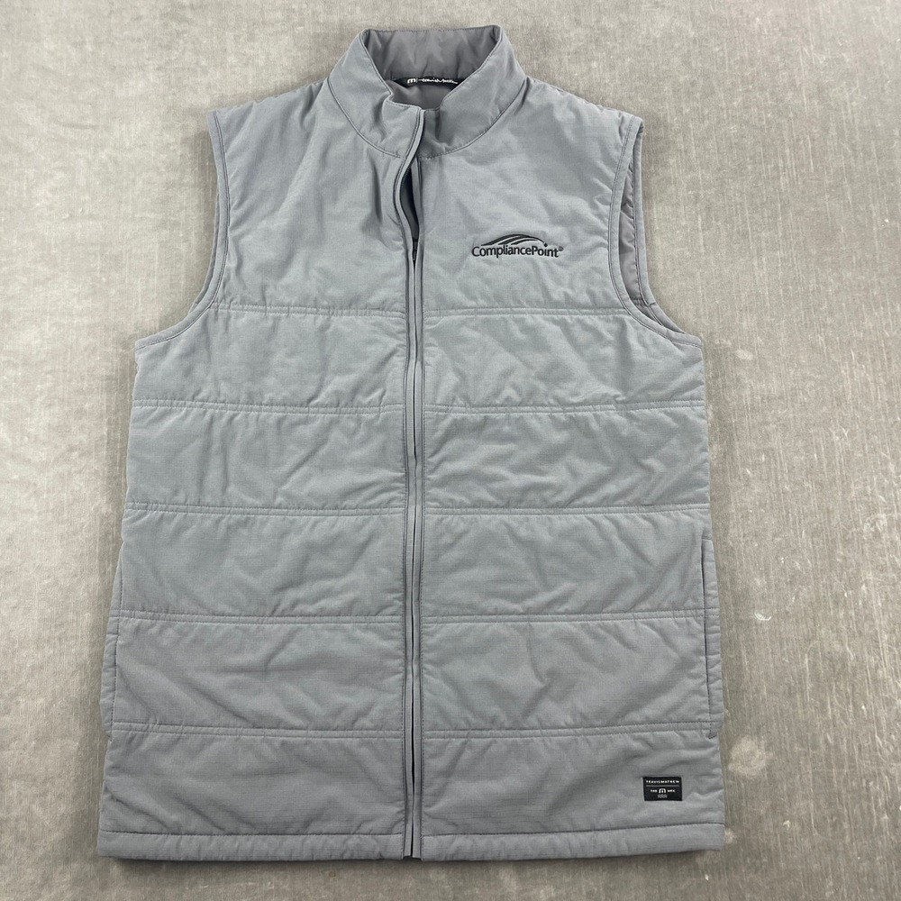 TravisMathew Men Medium Grey Puffer Vest CompliancePoint Logo Quilted Full Zip